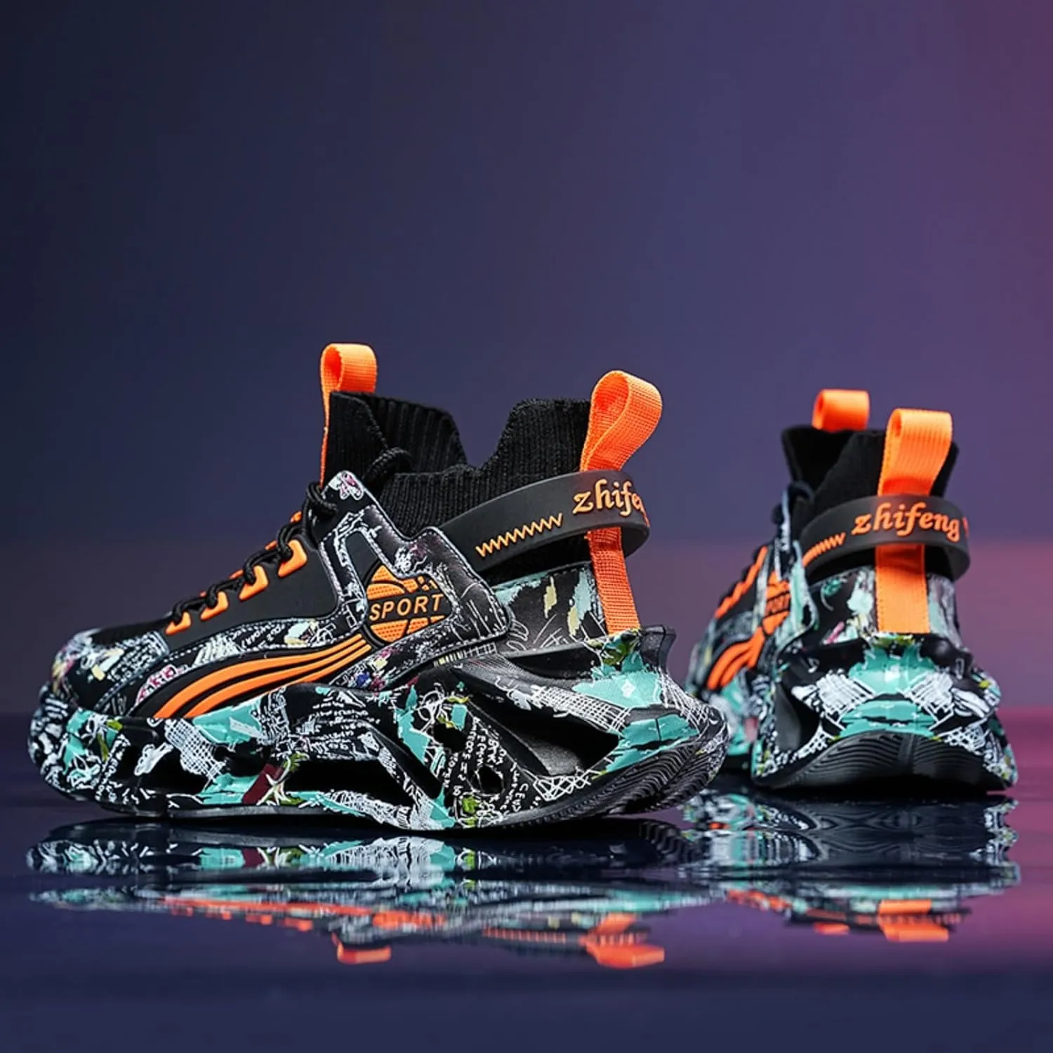Men's Ultra - Light Shock - Absorbing Basketball Shoes Youth Sports Shoes Stylish Graffiti Design Suitable for Running Walking School for Students and Daily Commute