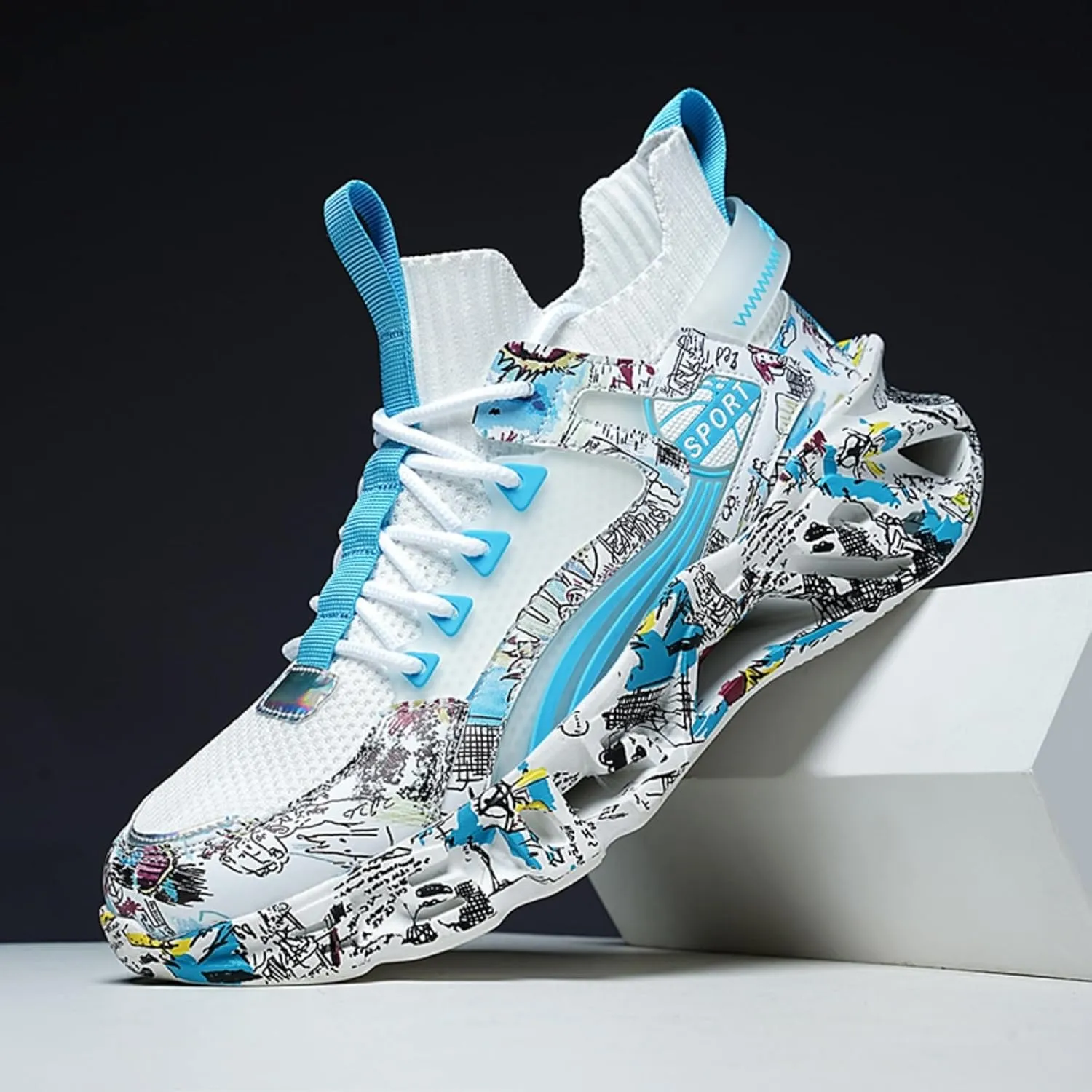 Men's Ultra - Light Shock - Absorbing Basketball Shoes Youth Sports Shoes Stylish Graffiti Design Suitable for Running Walking School for Students and Daily Commute