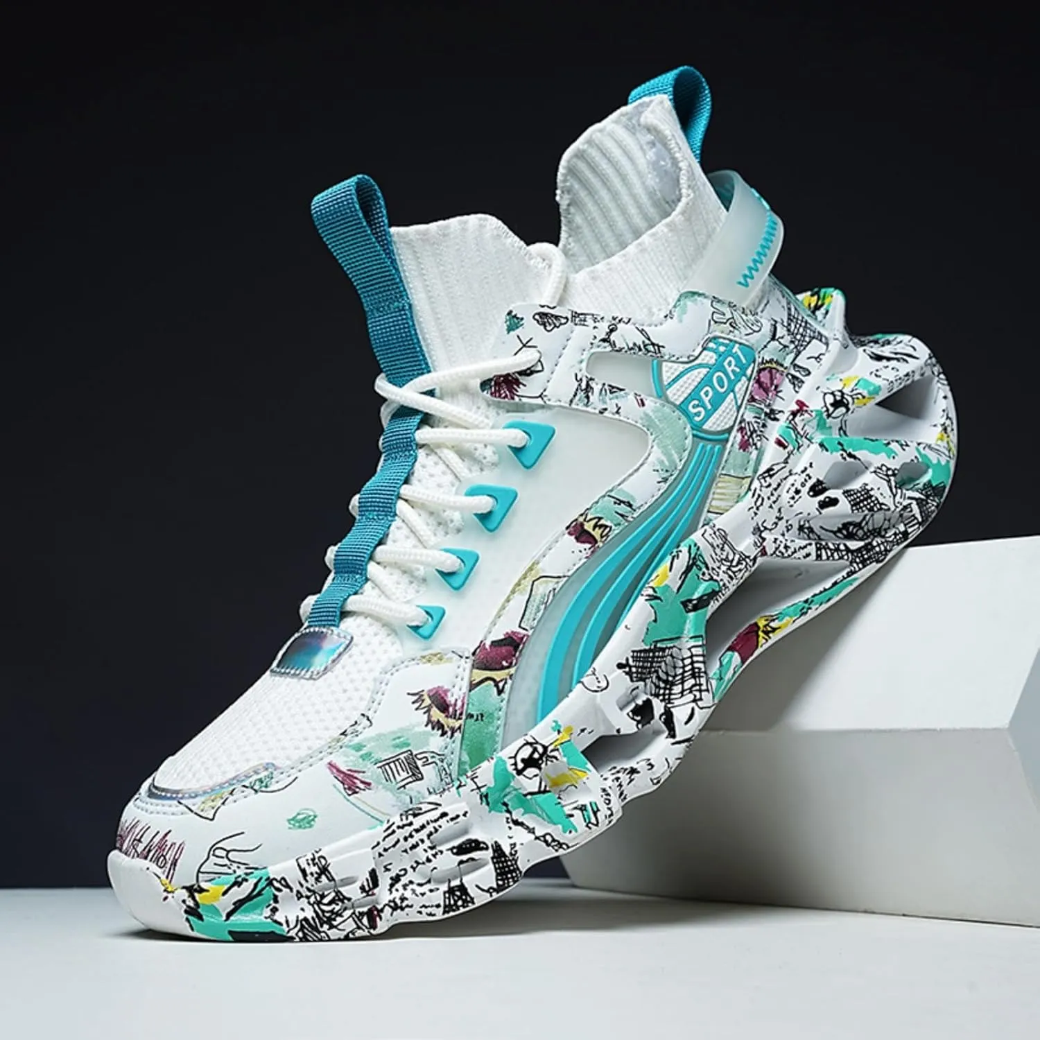 Men's Ultra - Light Shock - Absorbing Basketball Shoes Youth Sports Shoes Stylish Graffiti Design Suitable for Running Walking School for Students and Daily Commute