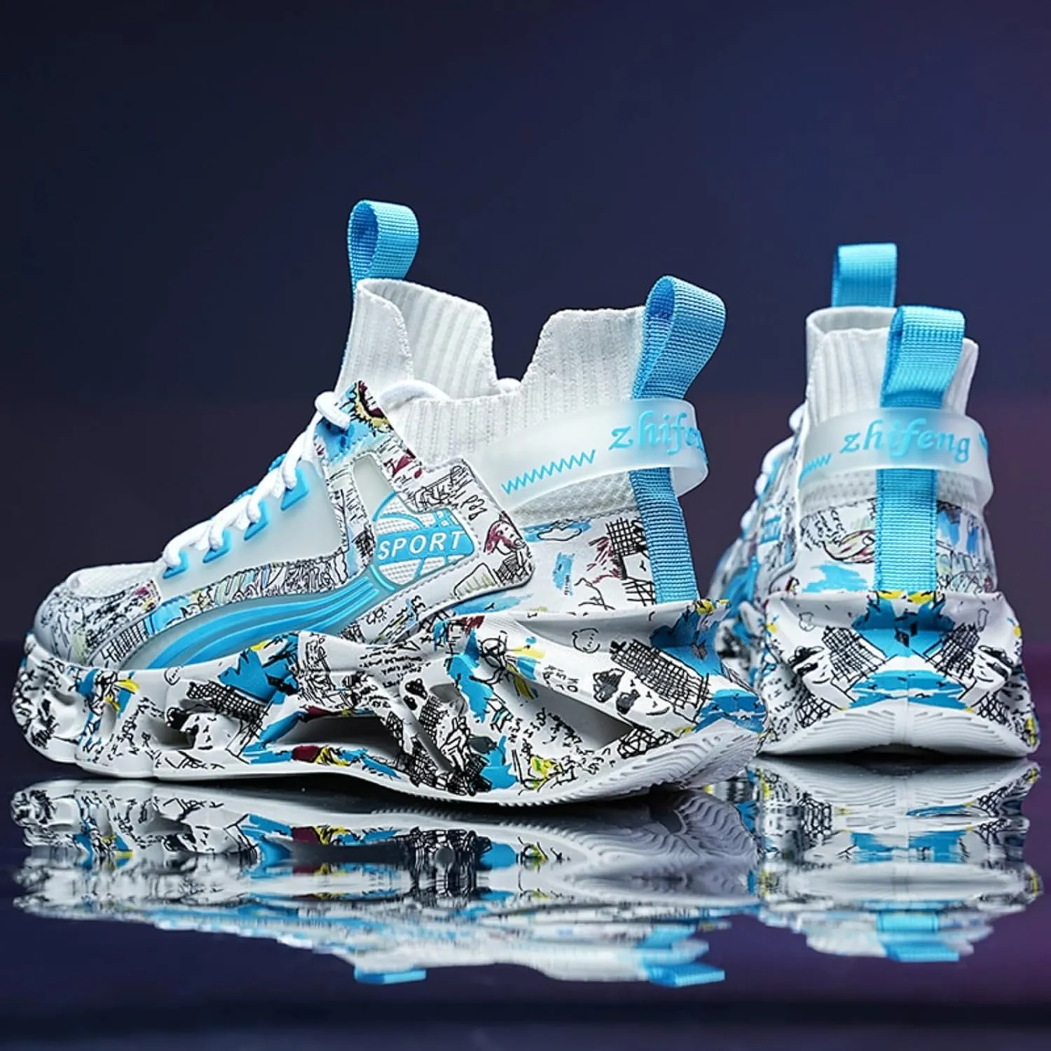 Men's Ultra - Light Shock - Absorbing Basketball Shoes Youth Sports Shoes Stylish Graffiti Design Suitable for Running Walking School for Students and Daily Commute