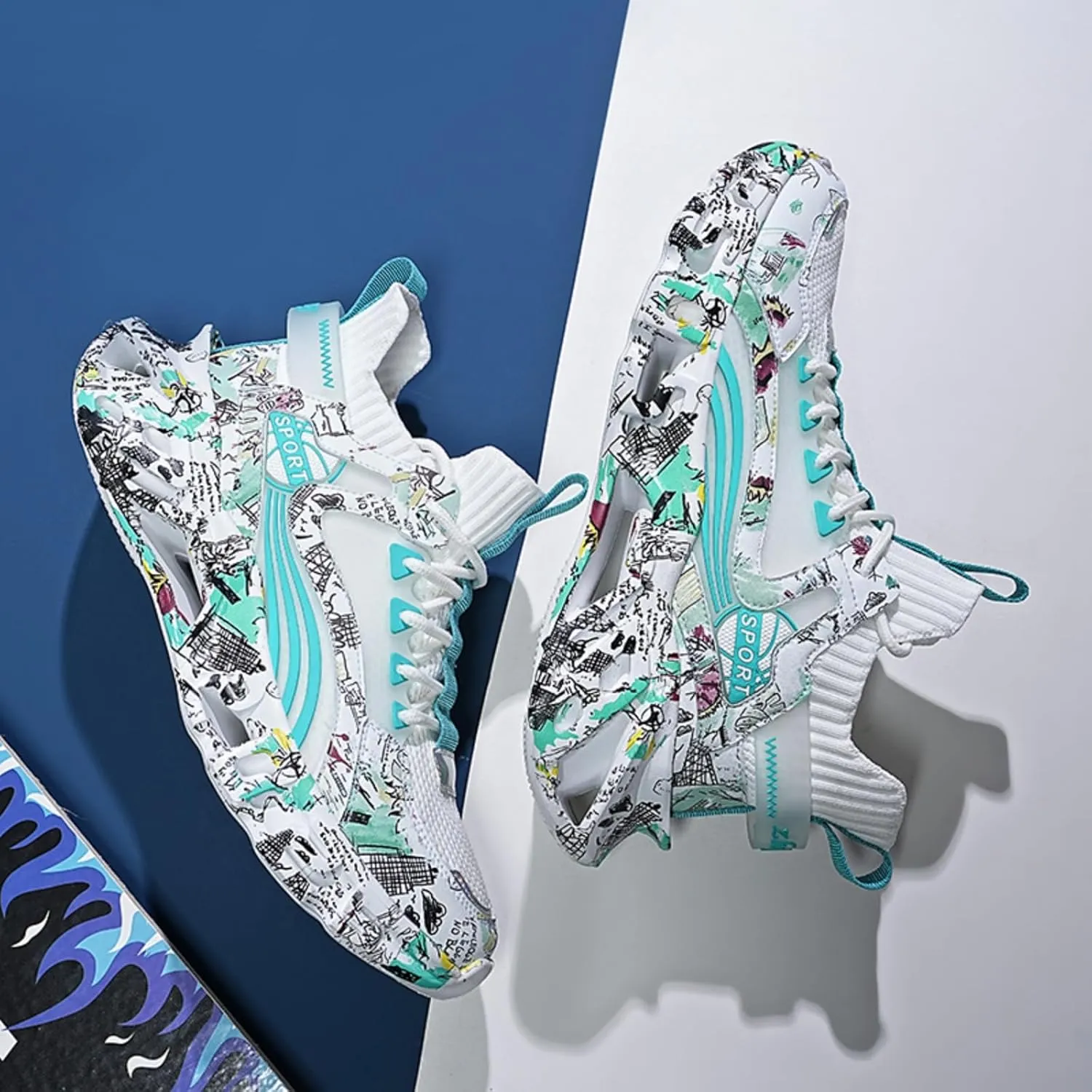 Men's Ultra - Light Shock - Absorbing Basketball Shoes Youth Sports Shoes Stylish Graffiti Design Suitable for Running Walking School for Students and Daily Commute
