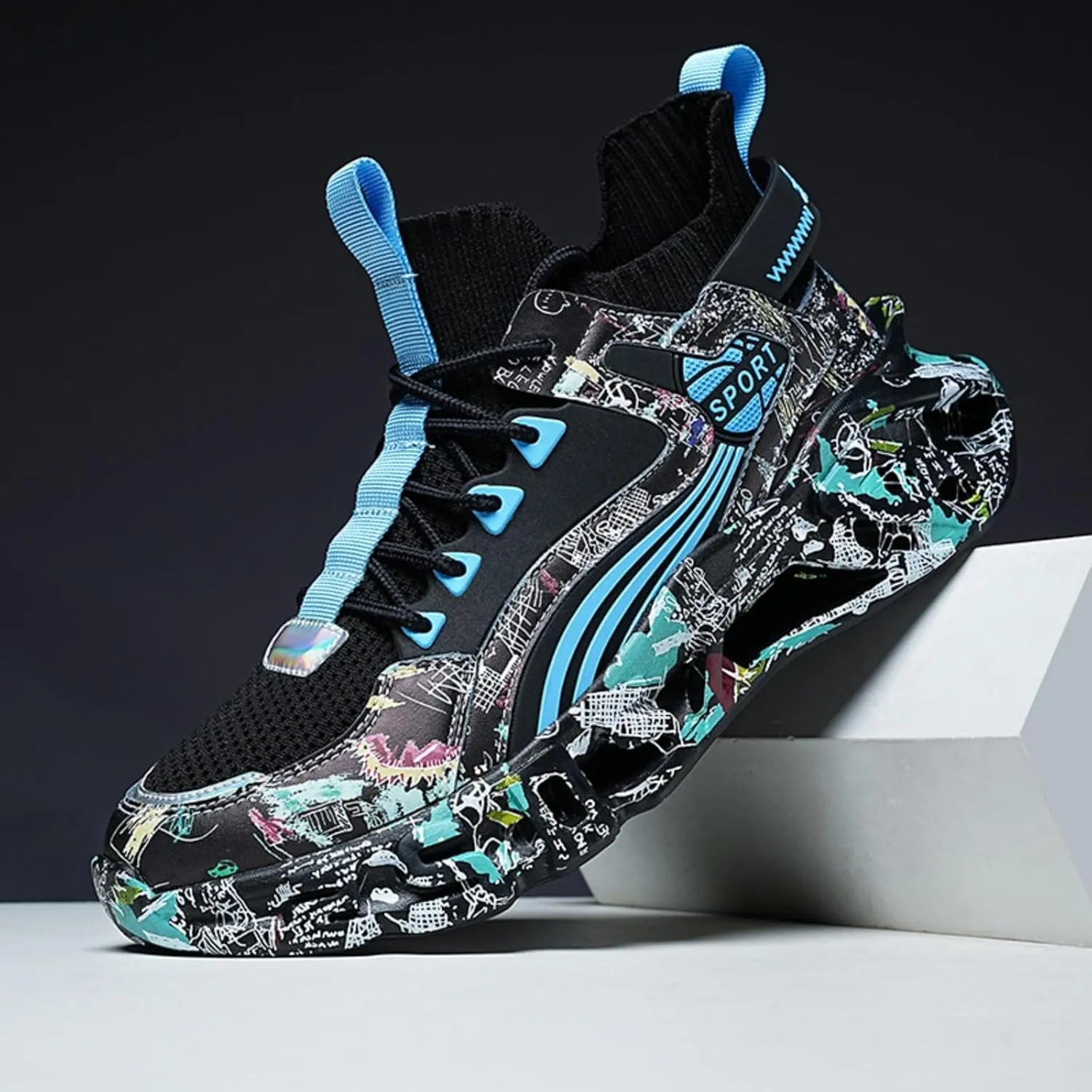 Men's Ultra - Light Shock - Absorbing Basketball Shoes Youth Sports Shoes Stylish Graffiti Design Suitable for Running Walking School for Students and Daily Commute