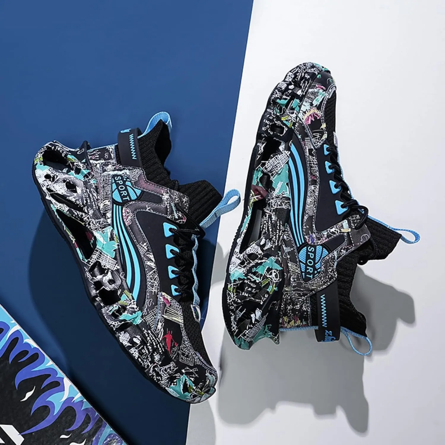 Men's Ultra - Light Shock - Absorbing Basketball Shoes Youth Sports Shoes Stylish Graffiti Design Suitable for Running Walking School for Students and Daily Commute