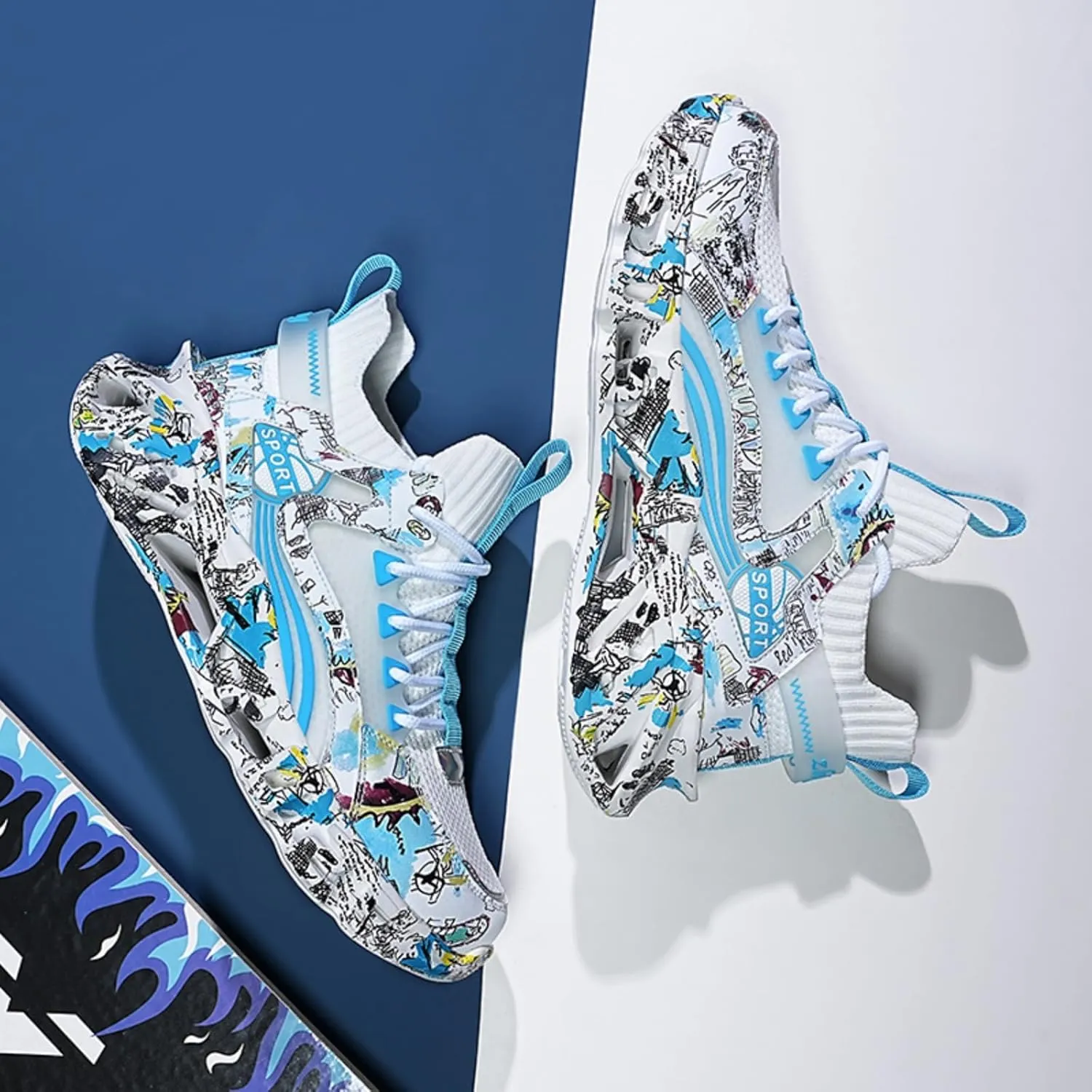 Men's Ultra - Light Shock - Absorbing Basketball Shoes Youth Sports Shoes Stylish Graffiti Design Suitable for Running Walking School for Students and Daily Commute