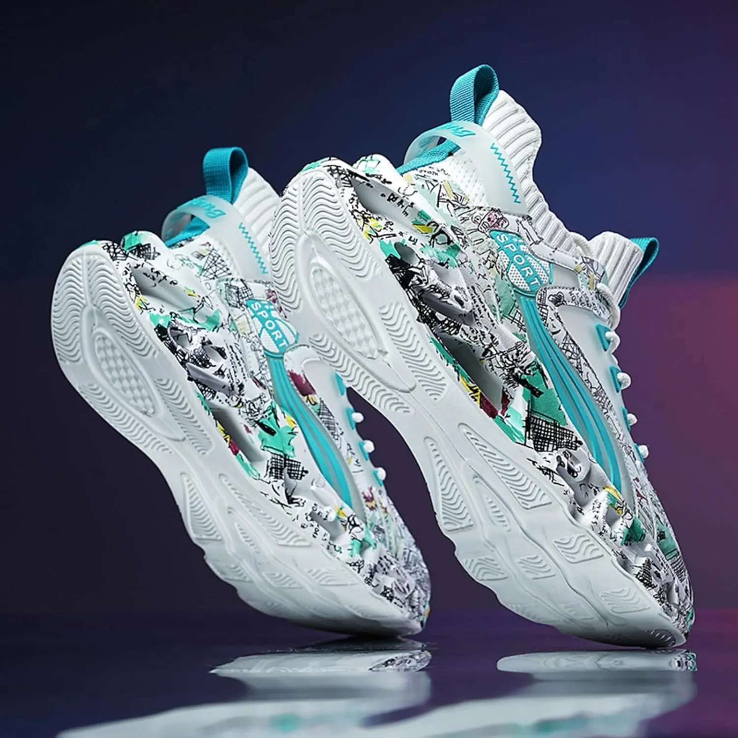 Men's Ultra - Light Shock - Absorbing Basketball Shoes Youth Sports Shoes Stylish Graffiti Design Suitable for Running Walking School for Students and Daily Commute