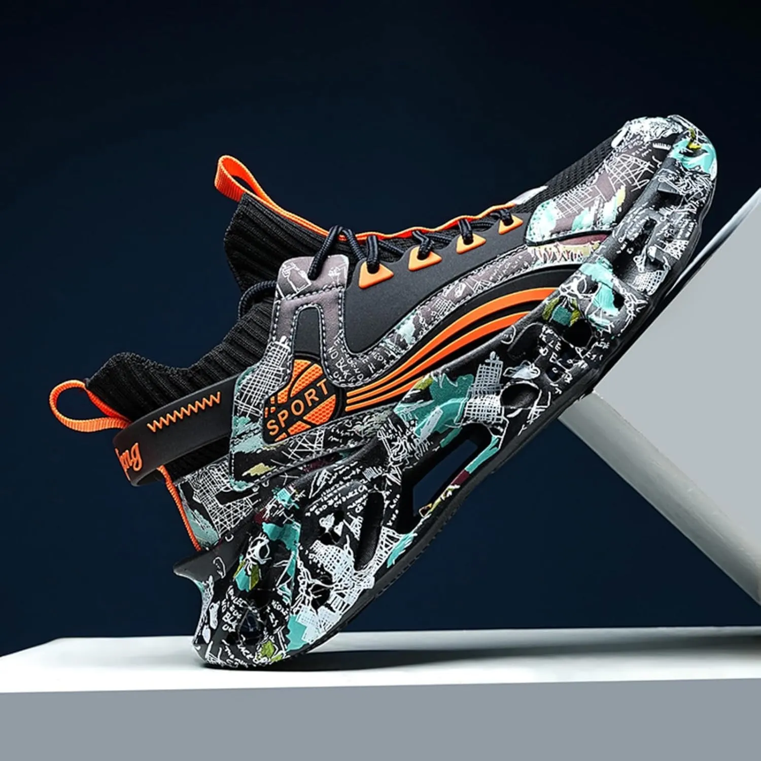 Men's Ultra - Light Shock - Absorbing Basketball Shoes Youth Sports Shoes Stylish Graffiti Design Suitable for Running Walking School for Students and Daily Commute