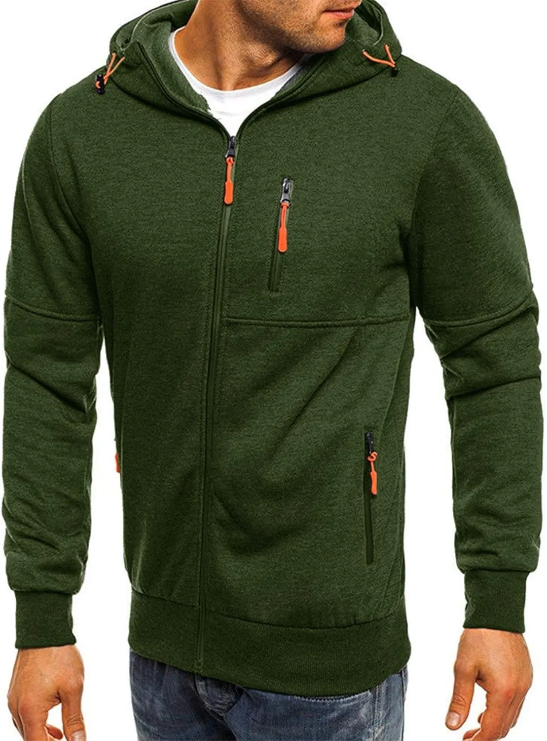 Men's Zip Up Fleece Hoodie Lightweight Sweatshirt Long Sleeve Sports Hooded Jacket with Zipper Pockets