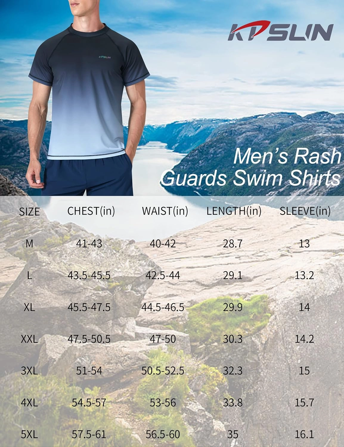 Mens Swim Shirts UPF 50  Sun Protection Quick Dry SPF Rash Guard Outdoor Beach Fishing T Shirts