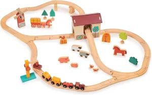 Mentari Toys - Farmyard Railway Set - Wooden Train with Magnetic Carriages, Farm Animals, Windmill, Barn & Trees - Compatible with Major Brands - Encourages Imaginative Play, Storytelling - Age 3 
