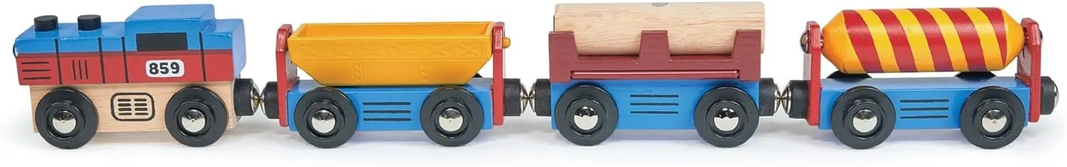 Mentari Toys - The Cargo Train - 5pc Wooden Train with Magnetic Industrial Carriages and Magnetic Log - Compatible with Major Wooden Tracks - Encourages Imaginative Play & Fine Motor Skills - Age 18m 