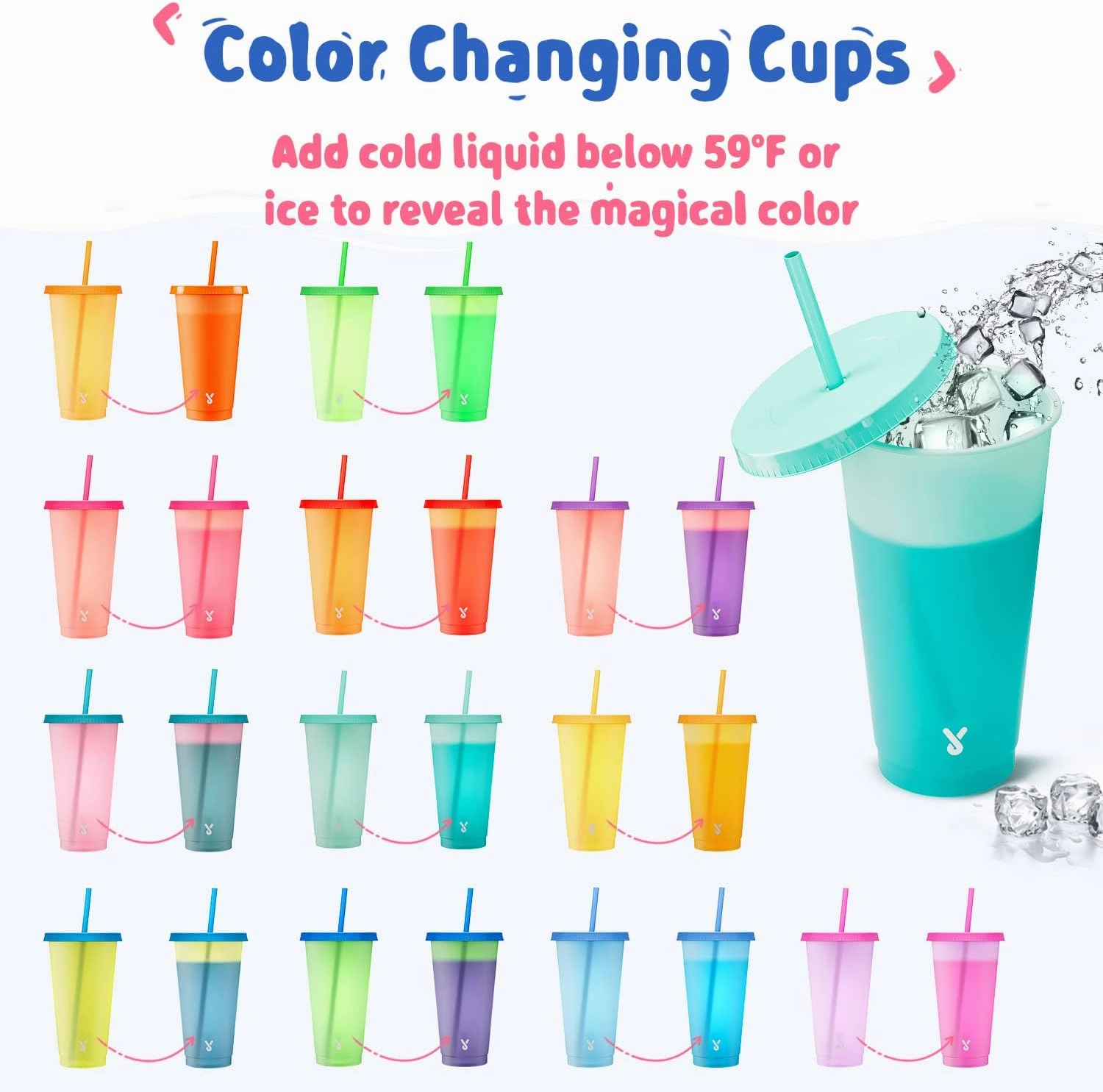 Meoky Plastic Color Changing Cups - 12 Pack 24 oz, Reusable with Lids and Straws for Adults, Kids, Parties, Cute Cold Cups for Iced Coffee
