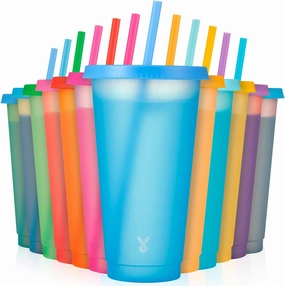 Meoky Plastic Color Changing Cups - 12 Pack 24 oz, Reusable with Lids and Straws for Adults, Kids, Parties, Cute Cold Cups for Iced Coffee