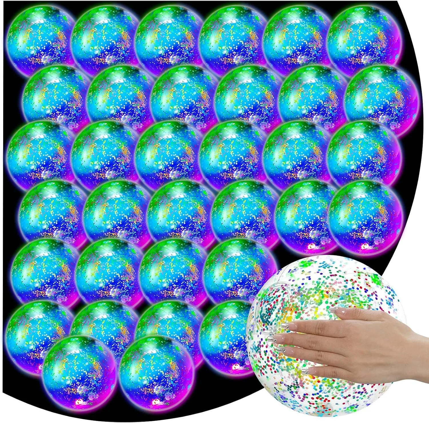 Meooeck 16 Pcs Light up Beach Balls LED Beach Balls 9 Inch Confetti Glitters Inflatable Glow in The Dark Pool Toys Bulk Pool Balls for Teens Adults Summer Party Favors(Colorful)