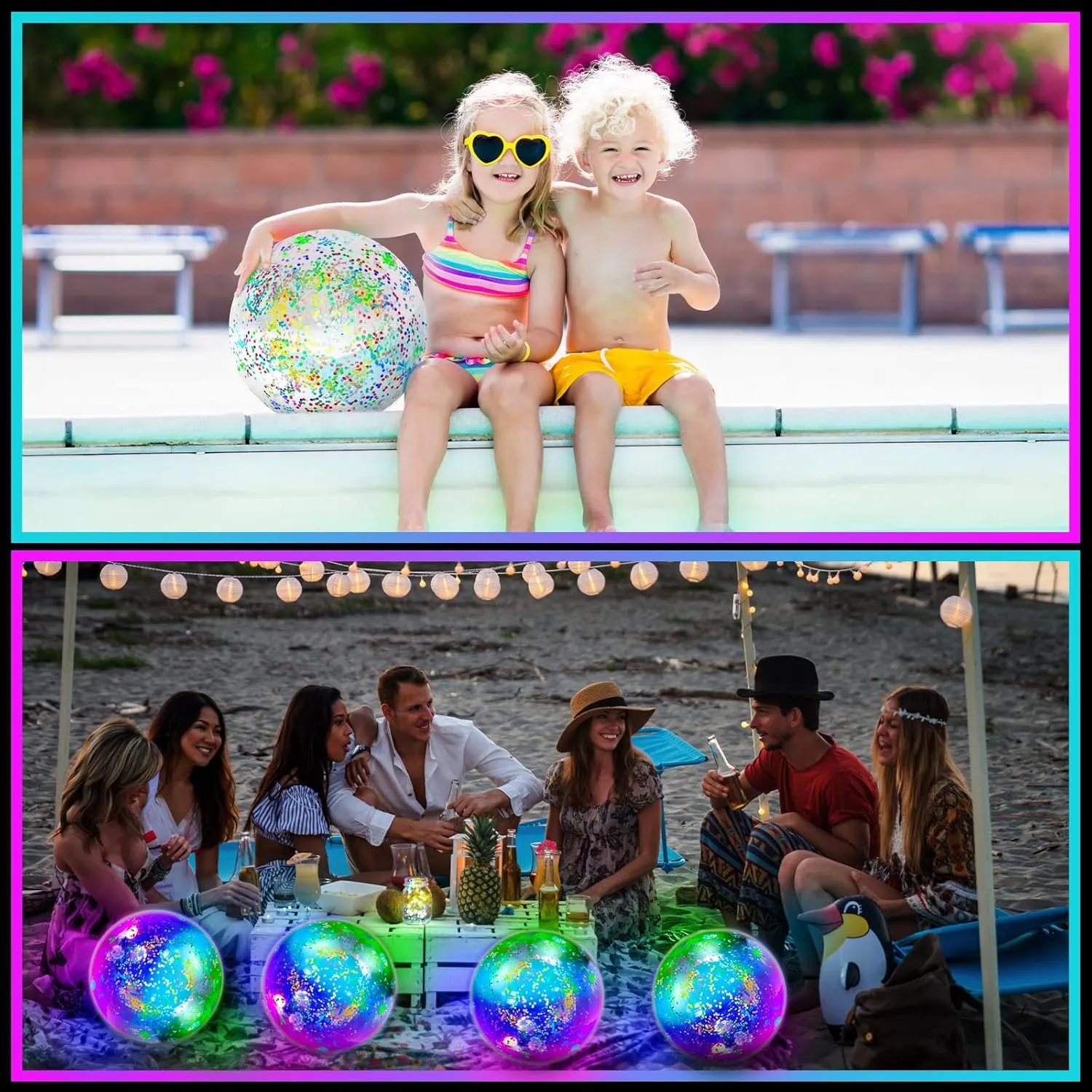 Meooeck 16 Pcs Light up Beach Balls LED Beach Balls 9 Inch Confetti Glitters Inflatable Glow in The Dark Pool Toys Bulk Pool Balls for Teens Adults Summer Party Favors(Colorful)