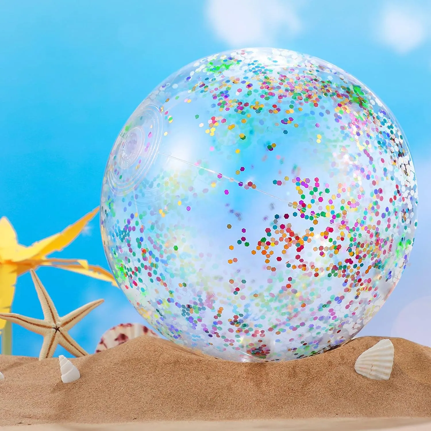 Meooeck 16 Pcs Light up Beach Balls LED Beach Balls 9 Inch Confetti Glitters Inflatable Glow in The Dark Pool Toys Bulk Pool Balls for Teens Adults Summer Party Favors(Colorful)