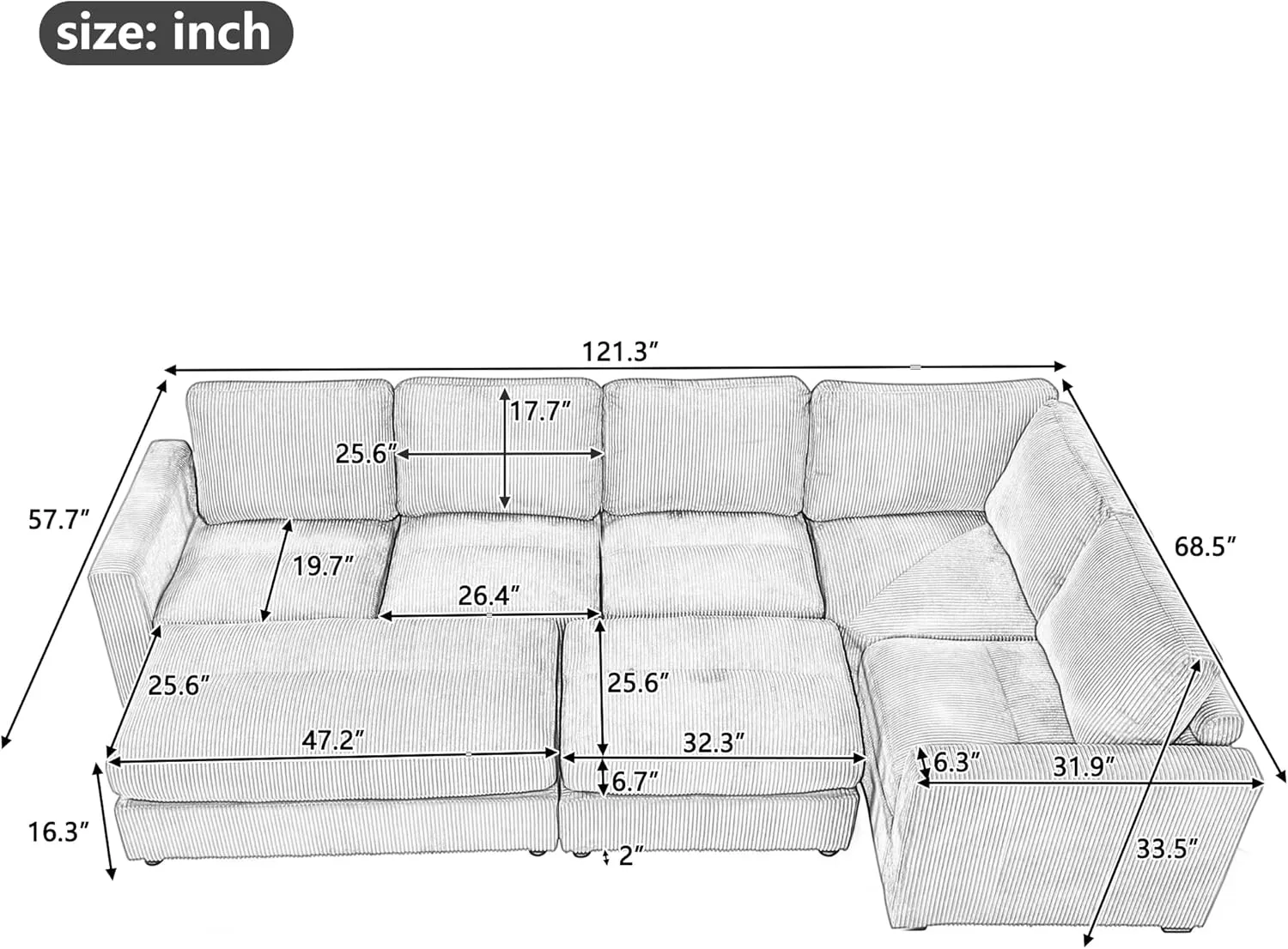 Merax 121.3" Sectional Corduroy Sofa Bed, L-Shape & U-Shape 7 Seat Deep Seating Modular Soft Couch with Two Movable Ottomans for Living Room, Gray