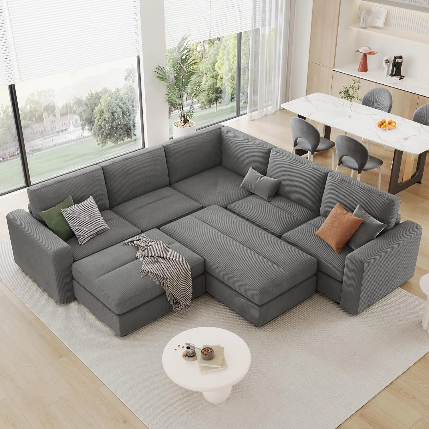 Merax 121.3" Sectional Corduroy Sofa Bed, L-Shape & U-Shape 7 Seat Deep Seating Modular Soft Couch with Two Movable Ottomans for Living Room, Gray
