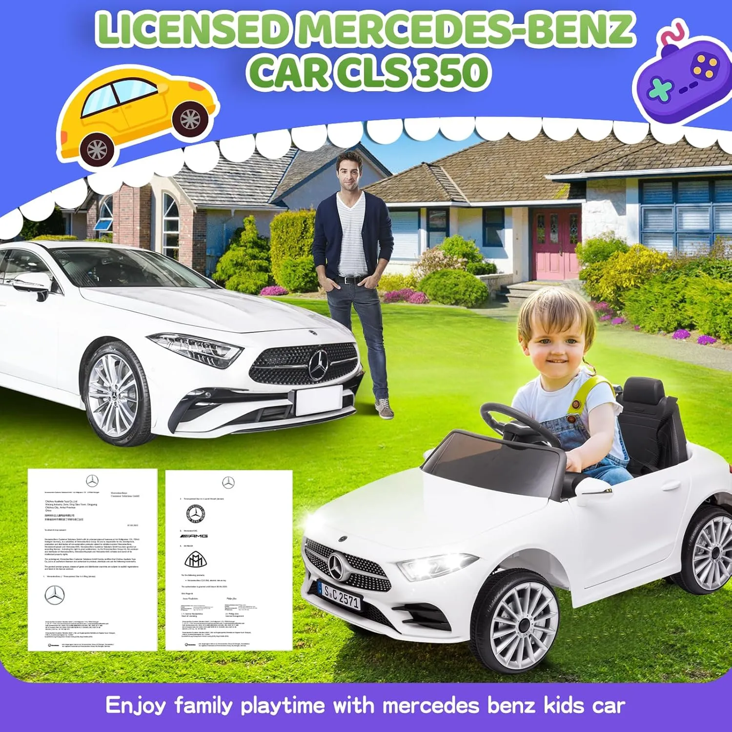 Mercedes Benz Car for Kids, 12V Electric Car for Toddlers 1-3 Remote Control Electric Ride on Toys Car for Baby Girls Boys Birthday Gifts, Music, 3 Speeds (White)