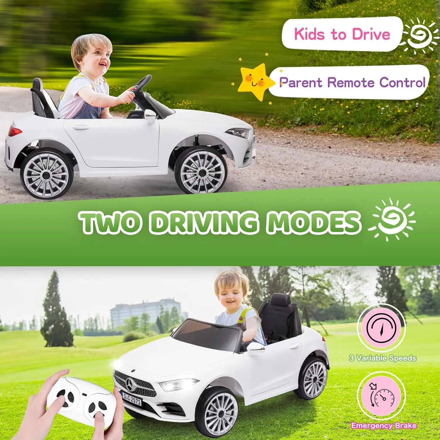 Mercedes Benz Car for Kids, 12V Electric Car for Toddlers 1-3 Remote Control Electric Ride on Toys Car for Baby Girls Boys Birthday Gifts, Music, 3 Speeds (White)