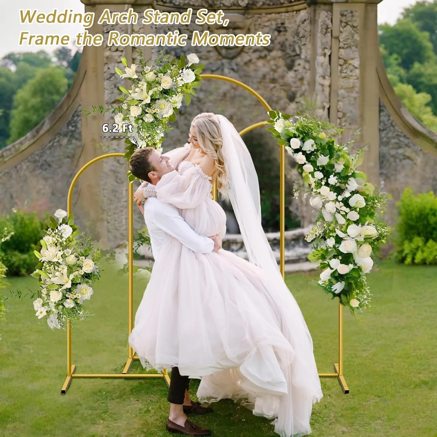 Metal Arch Backdrop Stand, Set of 3 Wedding Arched Frame, Stable Arched Background Stand for Wedding, Baby Shower, Birthday Party, Photography, Gold (6/6.6/7.2 ft)