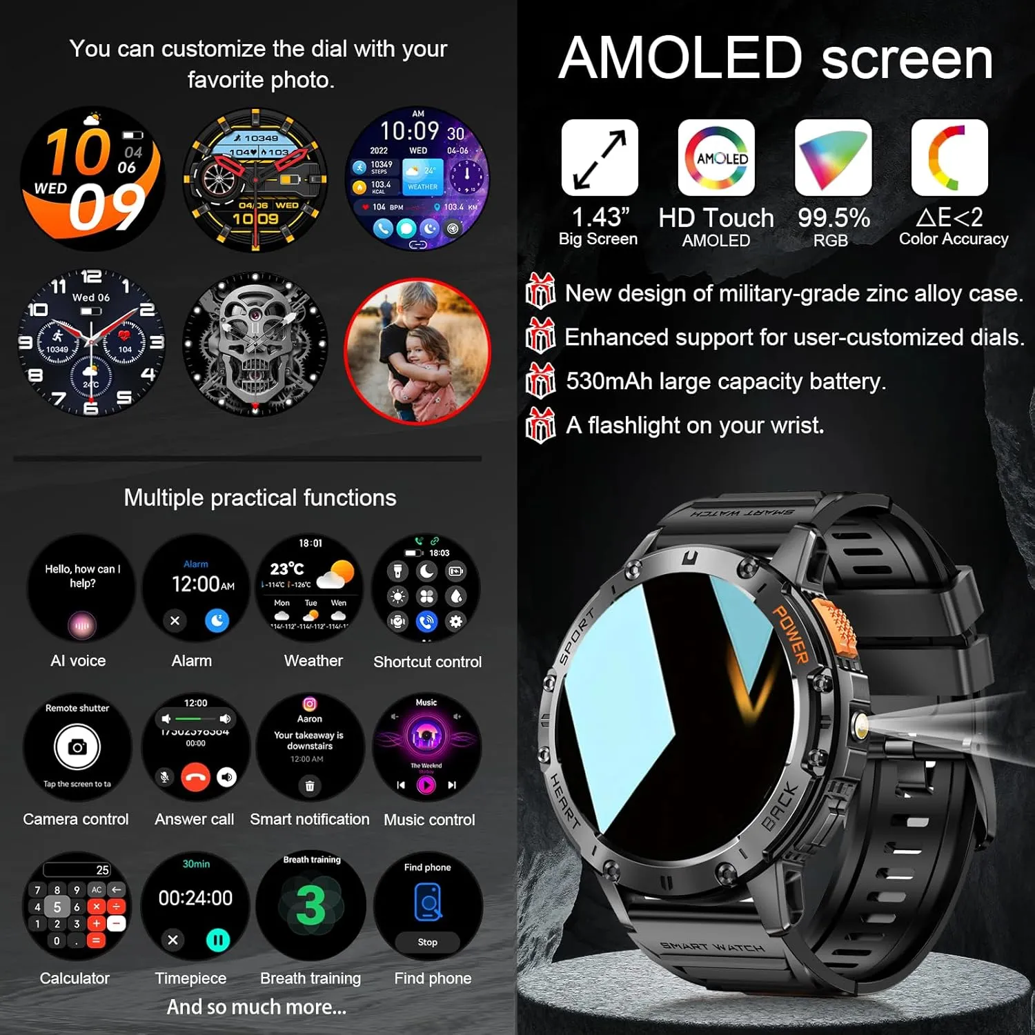 Military Smart Watches for Men with Flashlight, 170  Sport Modes 1.43" AMOLED Screen, 530mAh Answer/Make Calls, Bluetooth for Android Phones and iPhone Compatible Heart Rate/SpO2/Sleep (Black)