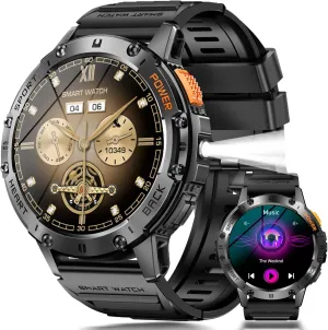 Military Smart Watches for Men with Flashlight, 170  Sport Modes 1.43" AMOLED Screen, 530mAh Answer/Make Calls, Bluetooth for Android Phones and iPhone Compatible Heart Rate/SpO2/Sleep (Black)