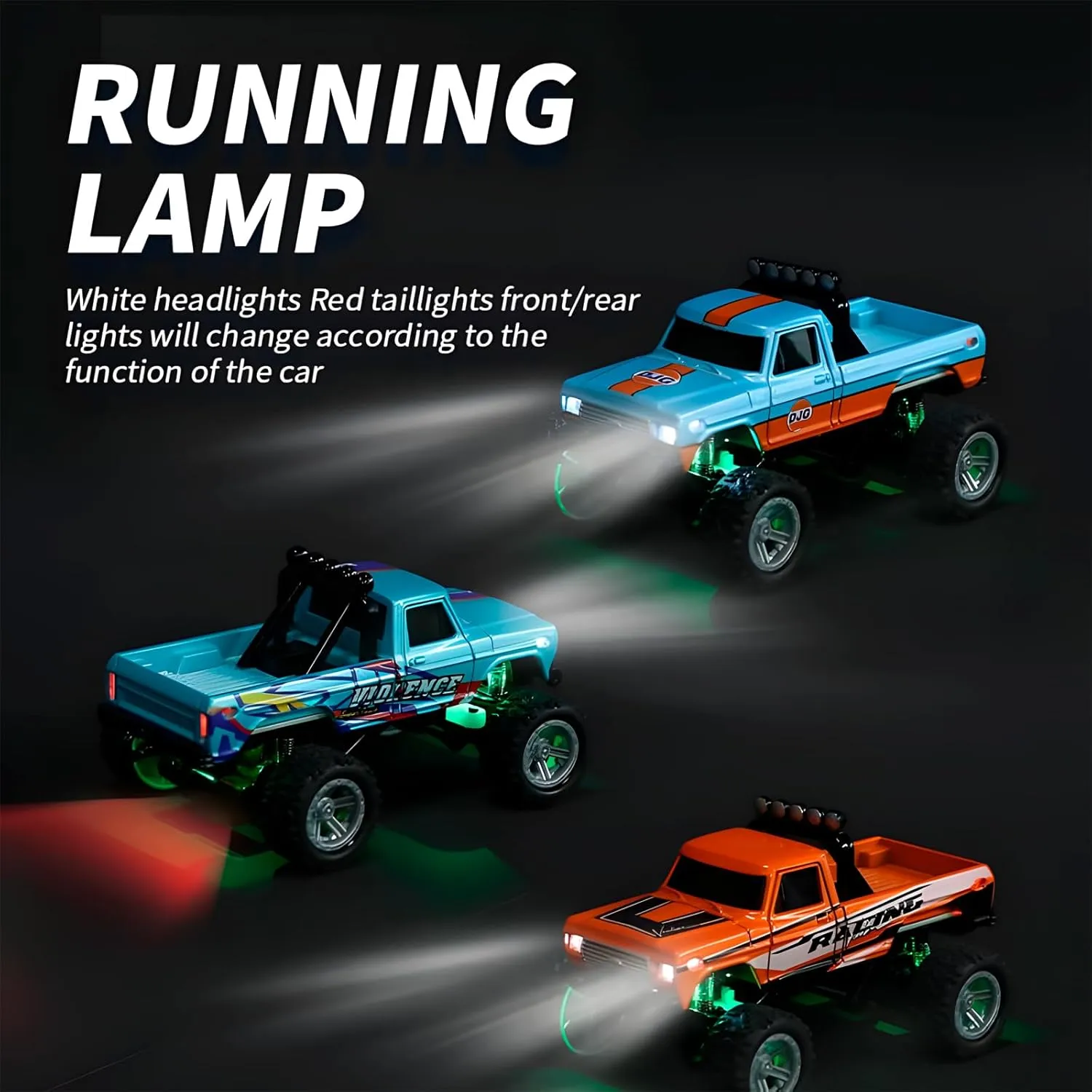 Mini Rc Truck,1:64 Scale Monster Truck Remote Control Car with Lights, 2.4Ghz Remote Control, Mini Alloy Monster Truck Rc, Speed/Steering Adjustable (Green)