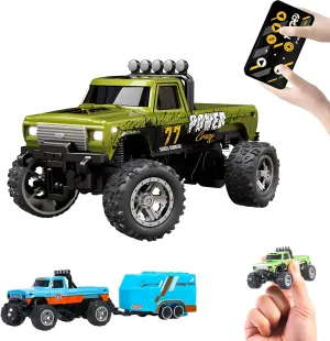 Mini Rc Truck,1:64 Scale Monster Truck Remote Control Car with Lights, 2.4Ghz Remote Control, Mini Alloy Monster Truck Rc, Speed/Steering Adjustable (Green)