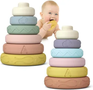 Mini Tudou 12 PCS Baby Stacking & Nesting Toys, Soft Stacking Blocks Ring Stacker, Baby Sensory Toys with Letter, Animal and Shape, Early Learning Toys for Baby Girl Boy