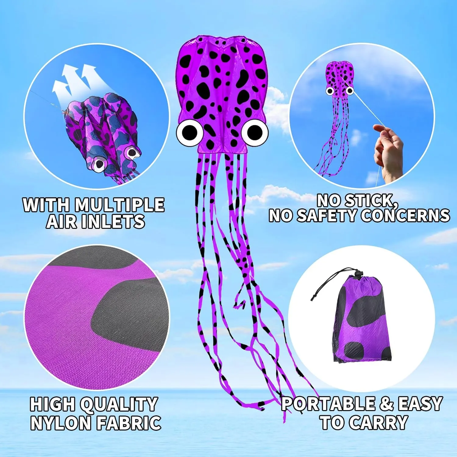 Mint's Colorful Life Octopus Kite for Kids and Adults, Large 3D Software Octopus Kites with Long Tails, Huge Easy Flyer Kites for Beach Trip Family Games and Activities