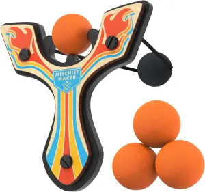 Mischief Maker® Wooden Slingshot - Racing Series - Real Wood Slingshot for Kids, 4 Soft Foam Balls and Storage Bag - Ages 4  (Orange)