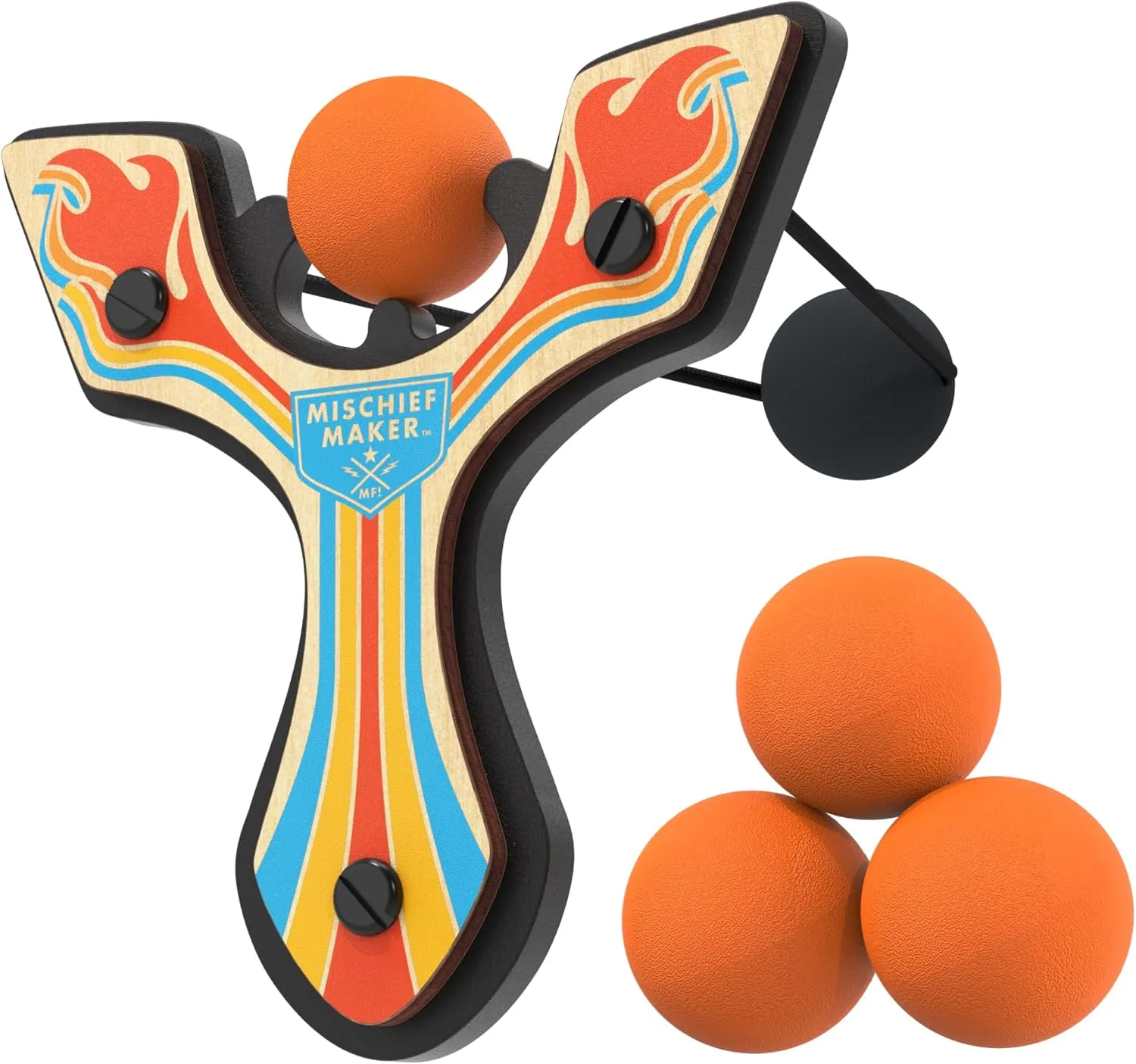 Mischief Maker® Wooden Slingshot - Racing Series - Real Wood Slingshot for Kids, 4 Soft Foam Balls and Storage Bag - Ages 4  (Orange)
