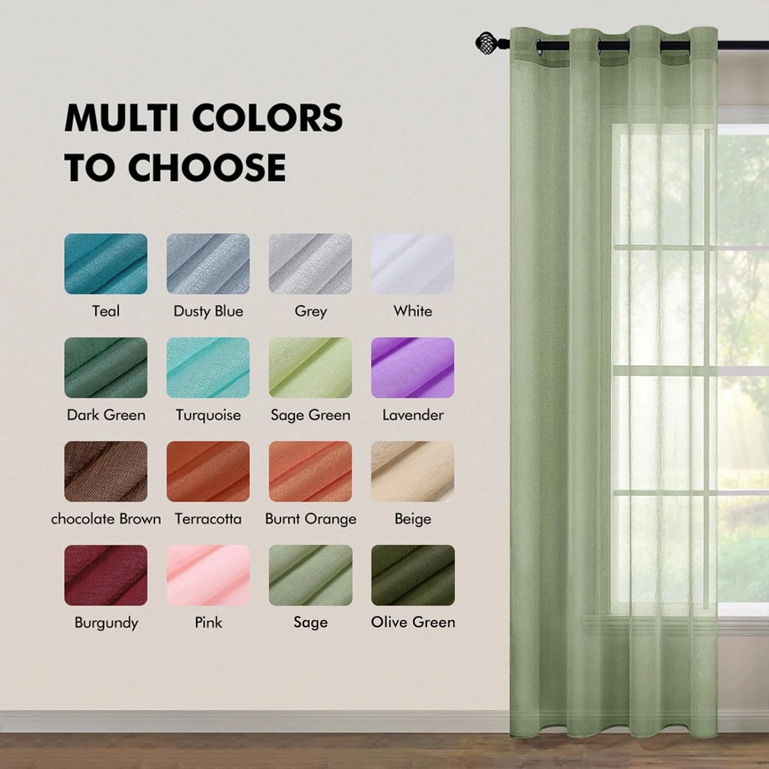 MIULEE 2 Panels Sage Green Semi Sheer Window Curtains Elegant Grommet Top Window Voile Drapes/Treatment Linen Textured Light Green Panels for Bedroom Living Room (54X84 Inches)