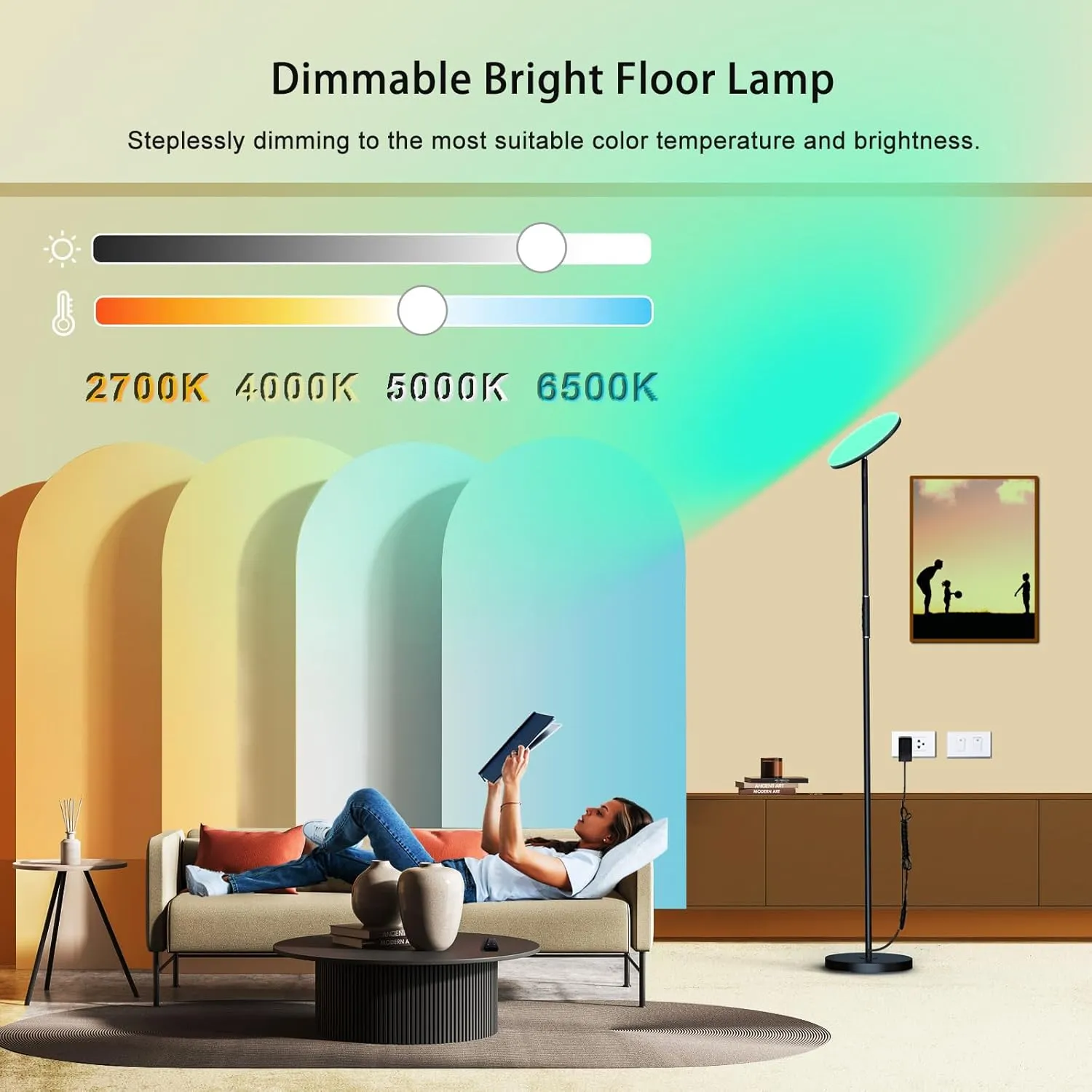 Modern LED Standing Floor Lamp with Remote & Touch Control, 3600LM 36W RGB Multi-Color Light Scenes, 2700K-6500K Stepless Dimming Room Lamp for Living Room, Bedroom, Office