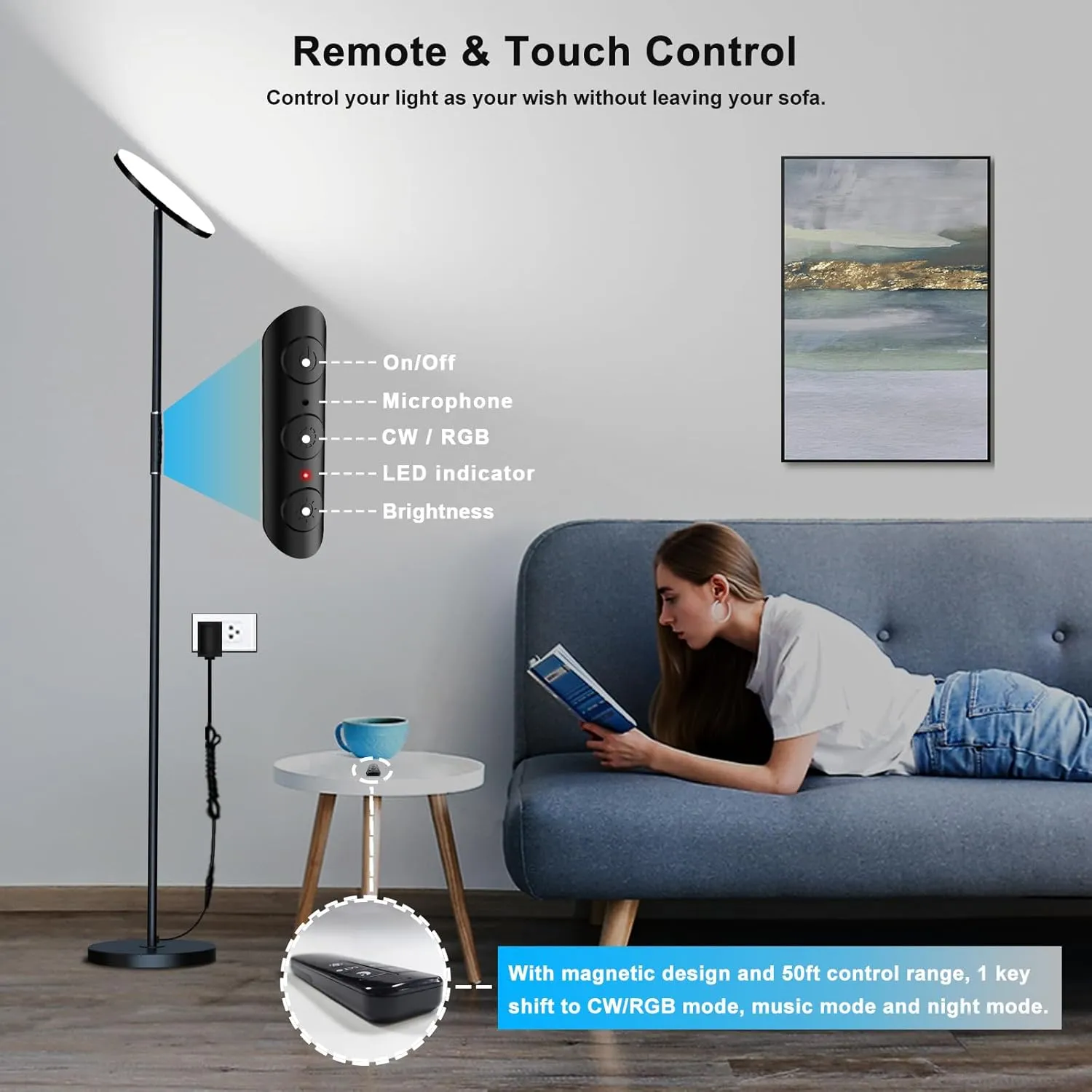 Modern LED Standing Floor Lamp with Remote & Touch Control, 3600LM 36W RGB Multi-Color Light Scenes, 2700K-6500K Stepless Dimming Room Lamp for Living Room, Bedroom, Office