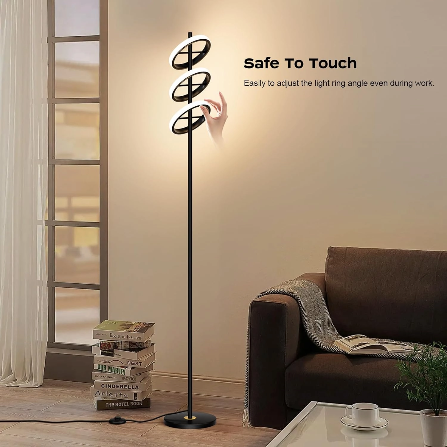Modern LED Floor Lamp - Adjustable 3 Saturn Rings-Contemporary Tall Standing Lamp for Living Room & Office Bedroom Reading-Black
