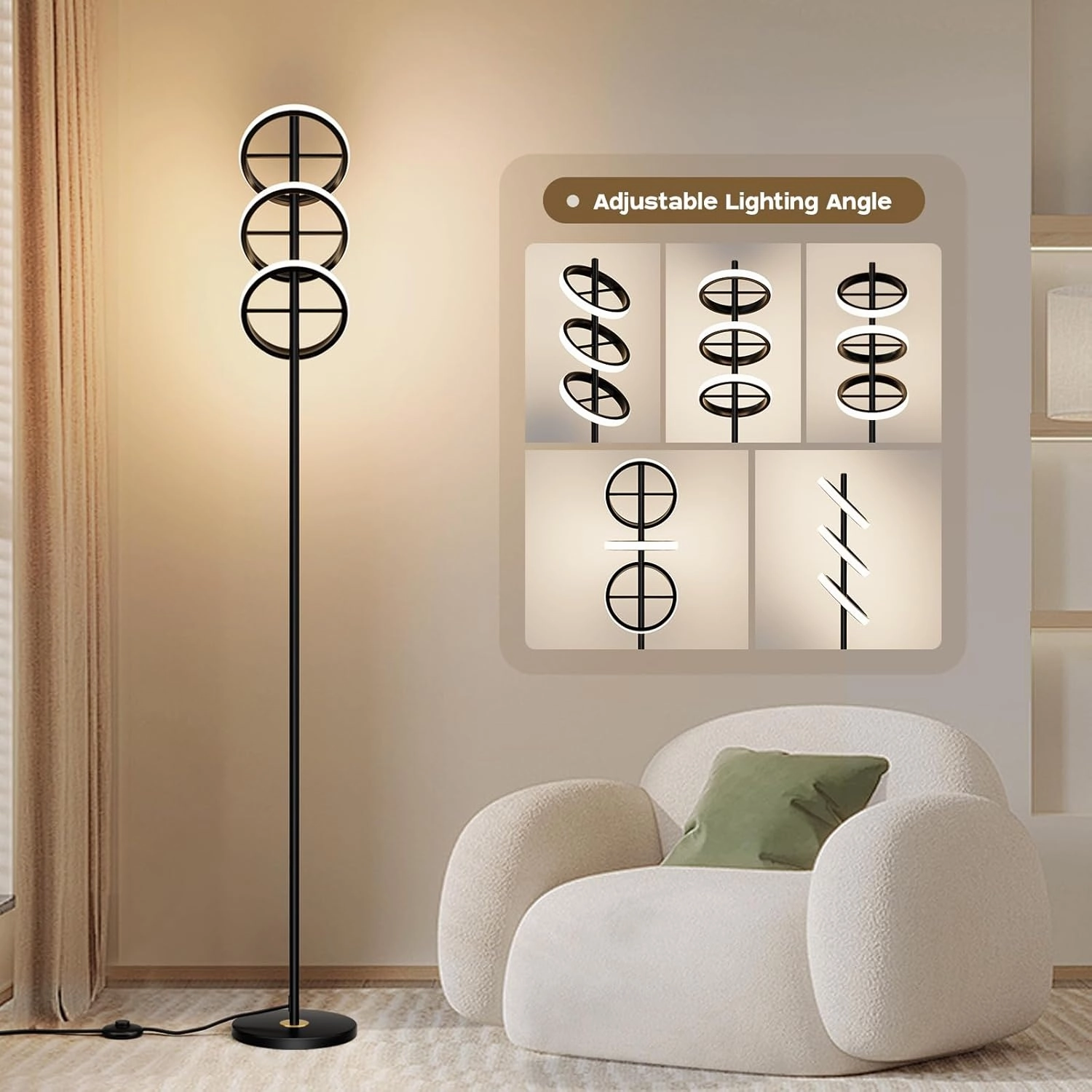 Modern LED Floor Lamp - Adjustable 3 Saturn Rings-Contemporary Tall Standing Lamp for Living Room & Office Bedroom Reading-Black