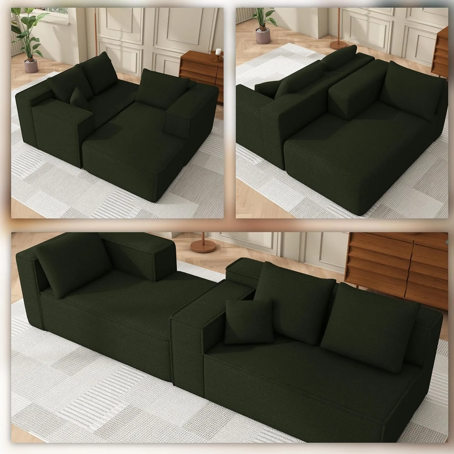 Modular Sectional Sleeper Sofa,L-Shape Chaise,7-Seater Sofa,Upholstered Couches for Living Room Bedroom,No Assembly,Green