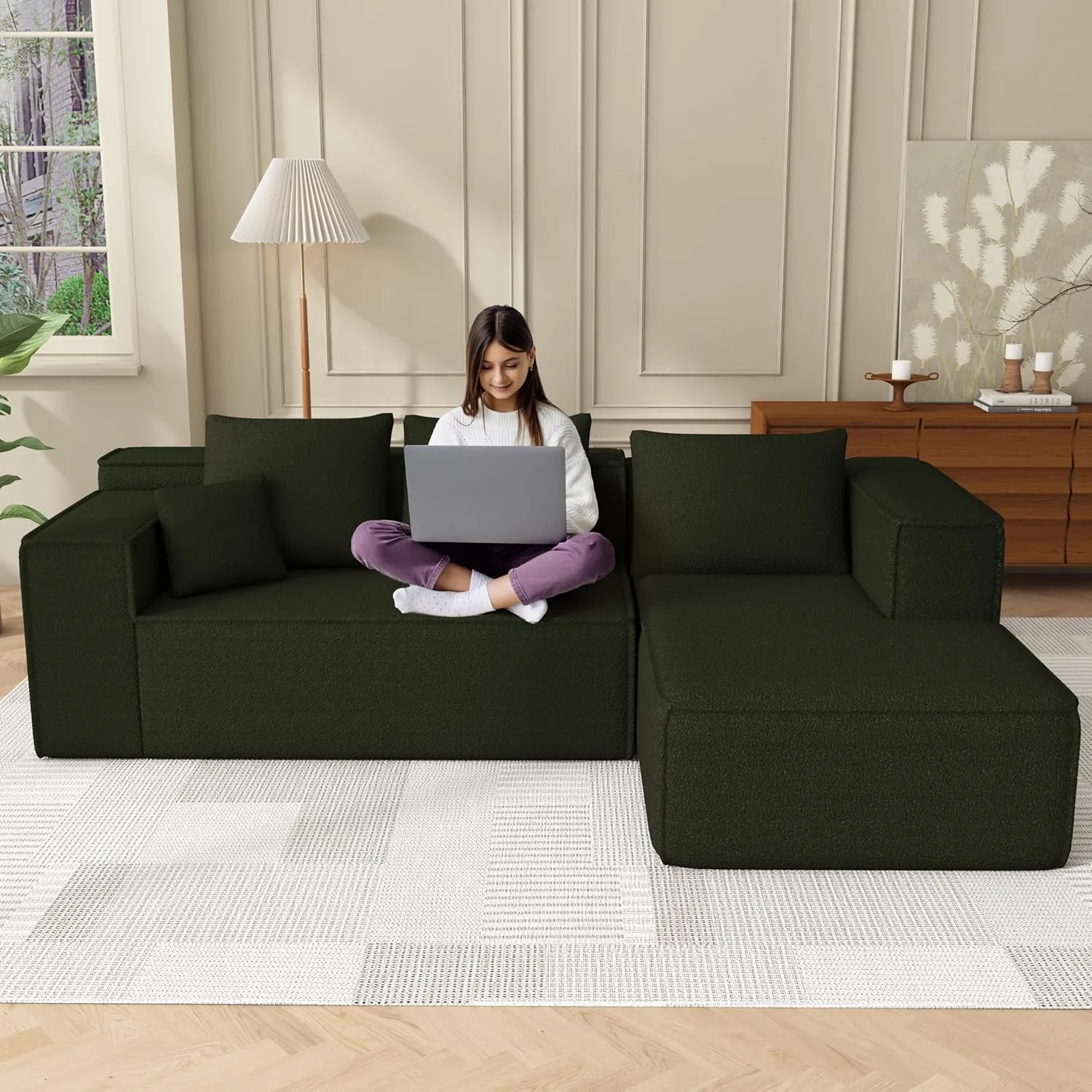 Modular Sectional Sleeper Sofa,L-Shape Chaise,7-Seater Sofa,Upholstered Couches for Living Room Bedroom,No Assembly,Green
