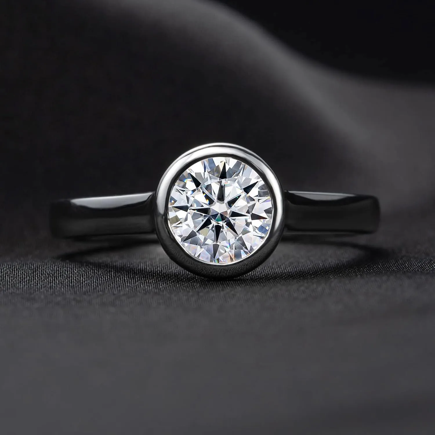 Moissanite Engagement Rings, 1/2/3 CT Bezel Setting Round Lab Created Diamond Solitaire Promise Rings in 14K White Gold Plated Sterling Silver, Anniversary Rings for Women