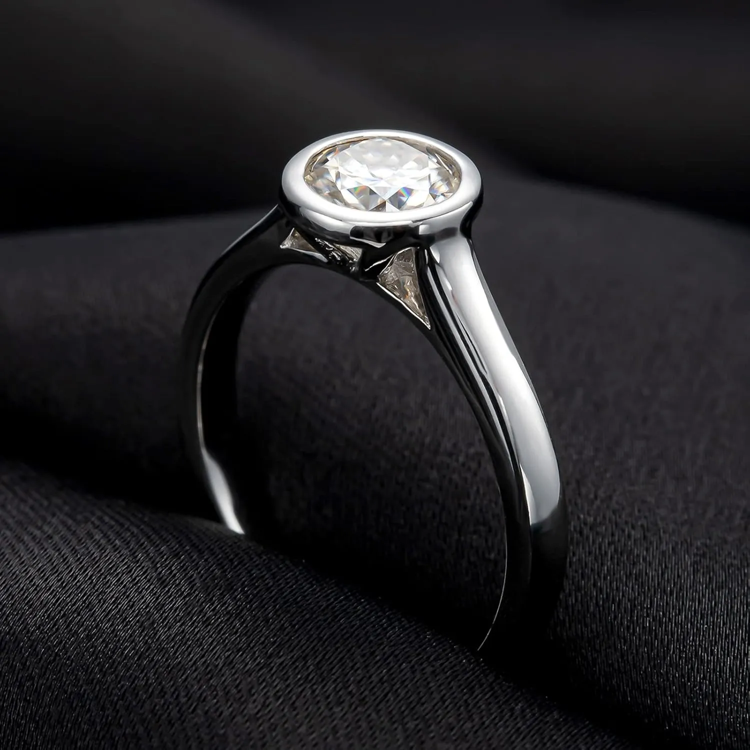 Moissanite Engagement Rings, 1/2/3 CT Bezel Setting Round Lab Created Diamond Solitaire Promise Rings in 14K White Gold Plated Sterling Silver, Anniversary Rings for Women