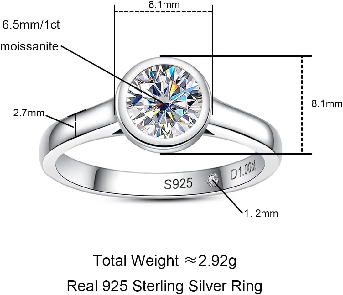 Moissanite Engagement Rings, 1/2/3 CT Bezel Setting Round Lab Created Diamond Solitaire Promise Rings in 14K White Gold Plated Sterling Silver, Anniversary Rings for Women