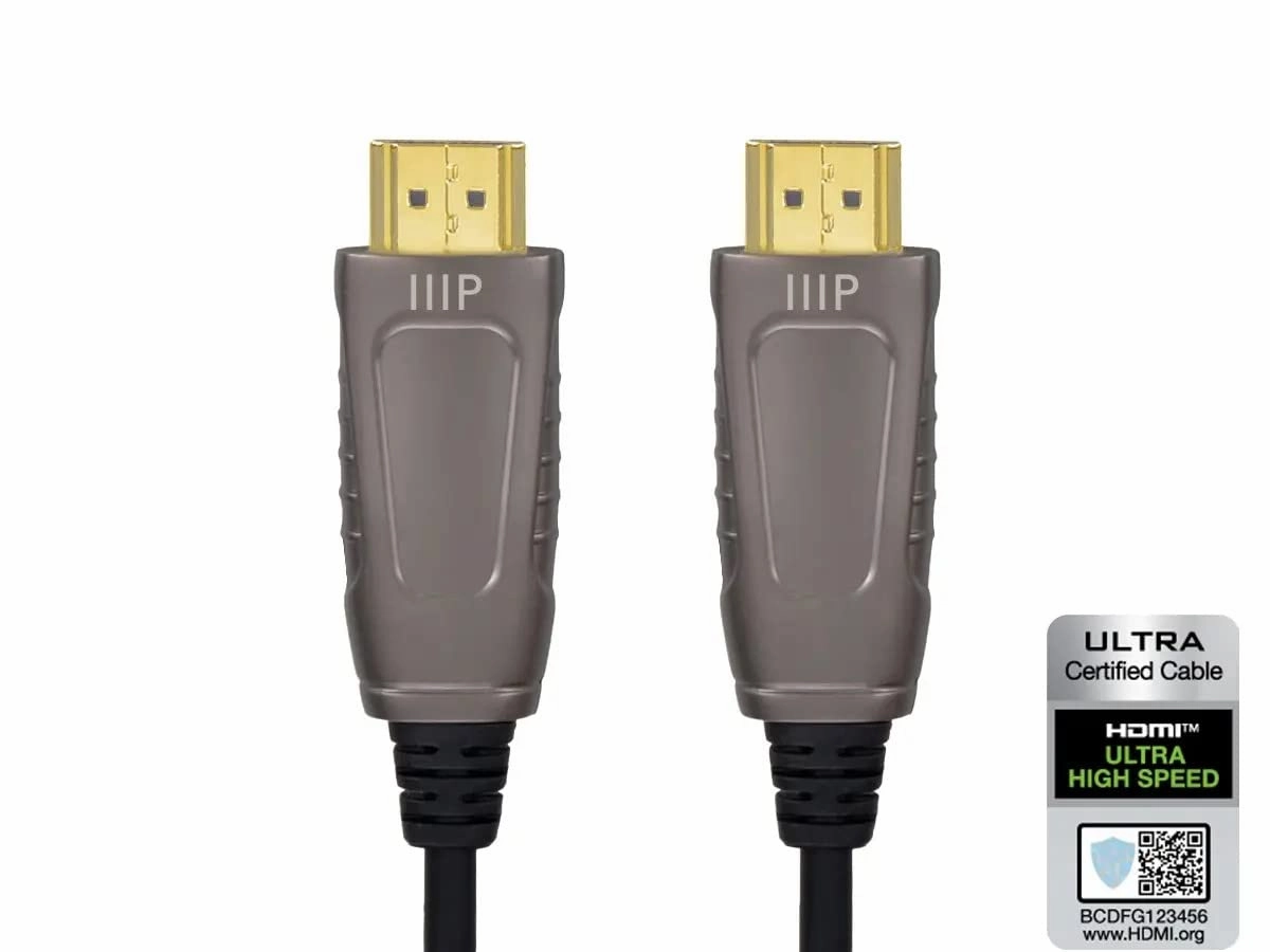 Monoprice 8K Ultra High Speed Fiber Optic Certified HDMI Cable - HDMI 2.1, 8K@60Hz, 4K@120Hz, 48Gbps, HDR, VRR, Active Optical Cable (AOC), CMP Plenum Rated, 49ft, Black