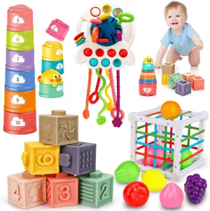 Montessori Baby Toys 6-12-18 Months, Infant Pull String Stacking Cups Shape Sorter Blocks Toy 6 7 8 9 10 11 12 M  Sensory Development Learning Toy 6-9 9-12 Months Birthday Gift for 1 Year Old Boy Girl