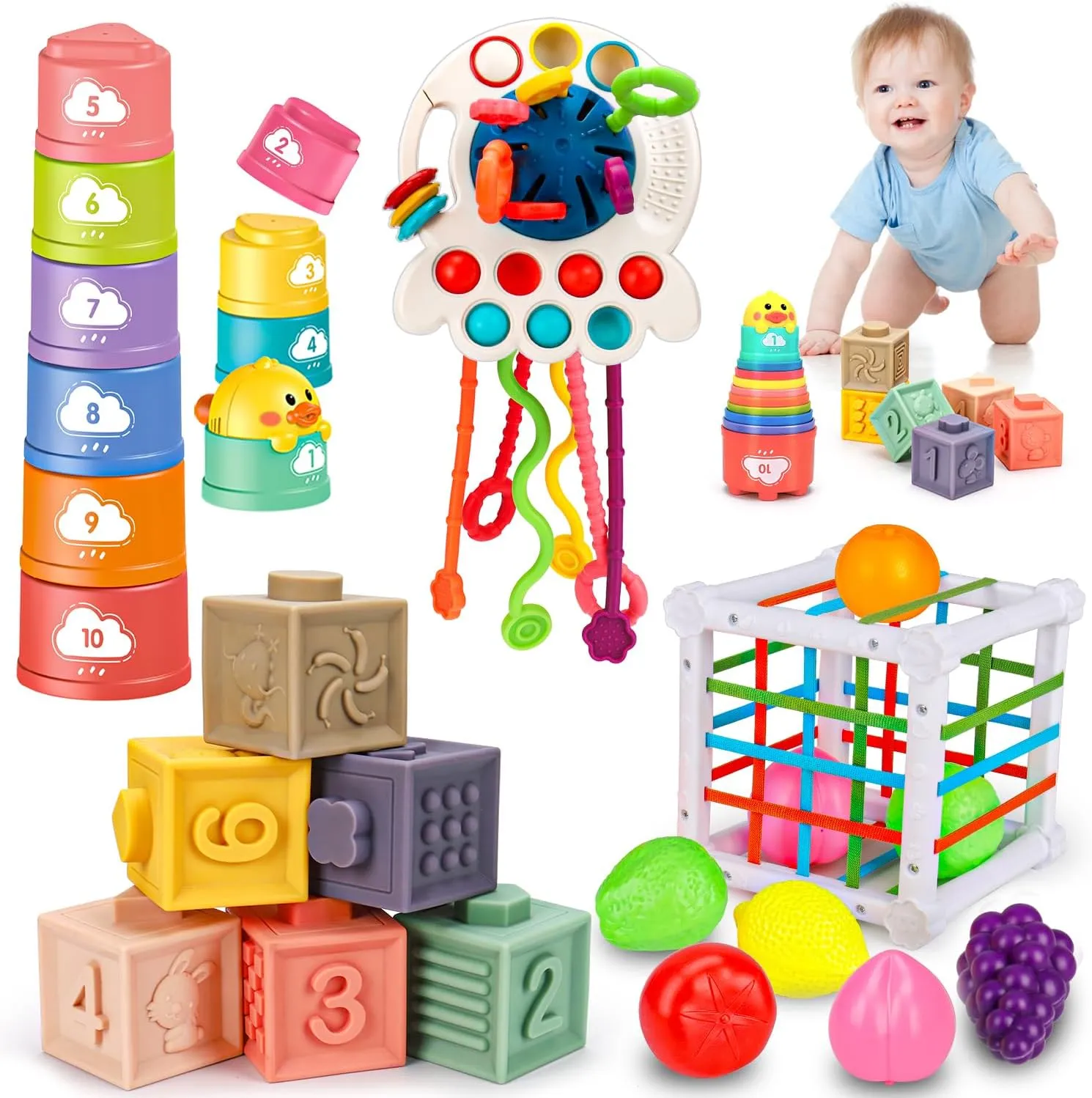 Montessori Baby Toys 6-12-18 Months, Infant Pull String Stacking Cups Shape Sorter Blocks Toy 6 7 8 9 10 11 12 M  Sensory Development Learning Toy 6-9 9-12 Months Birthday Gift for 1 Year Old Boy Girl