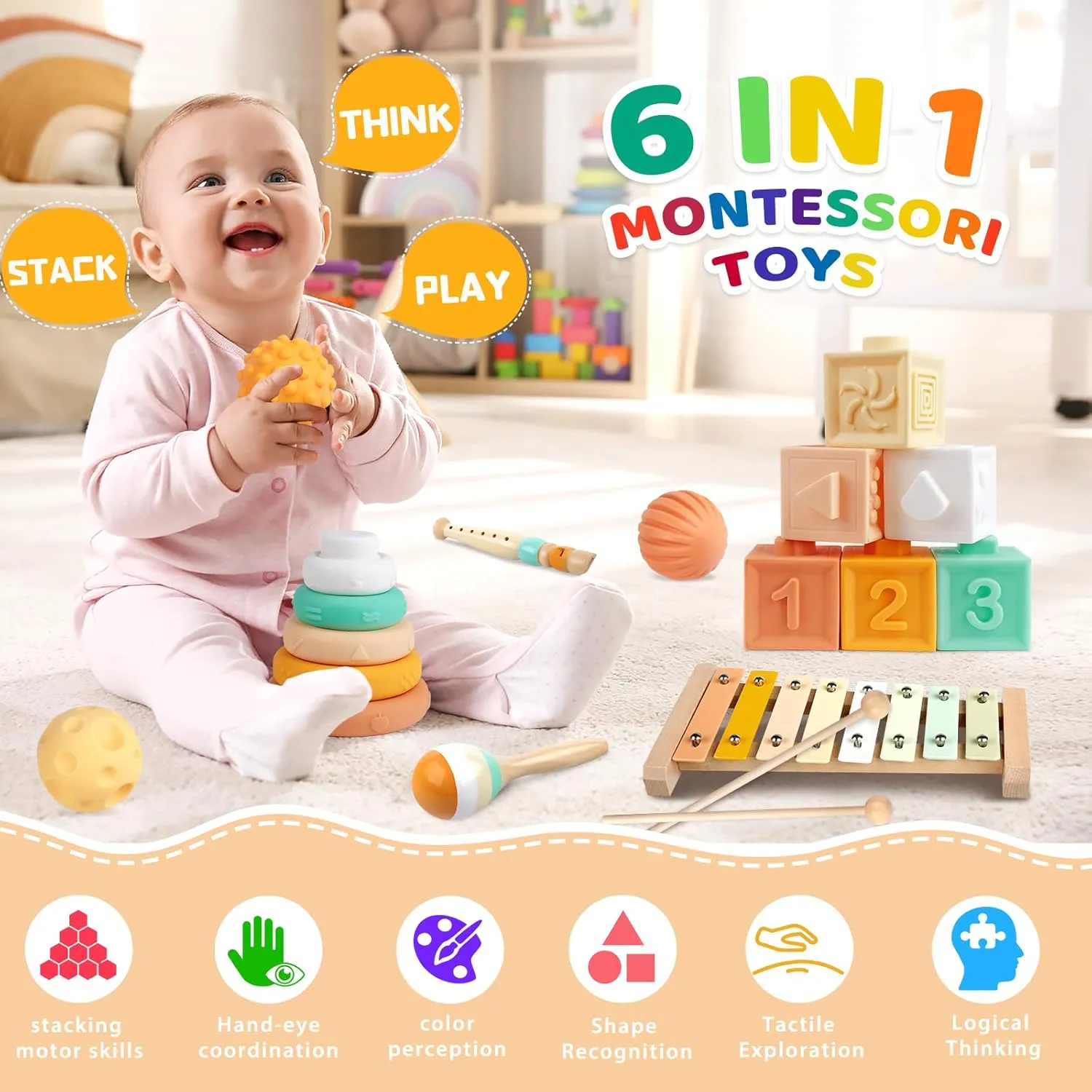 Montessori Baby Toys for 1  Year Old 6 in 1 Musical Instruments for Toddler Stacking Blocks Rings Developmental Learning Educational Toy with Wooden Xylophone Musical for 1 Year Old Boys Girls