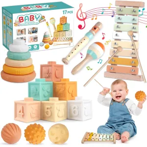 Montessori Baby Toys for 1  Year Old 6 in 1 Musical Instruments for Toddler Stacking Blocks Rings Developmental Learning Educational Toy with Wooden Xylophone Musical for 1 Year Old Boys Girls