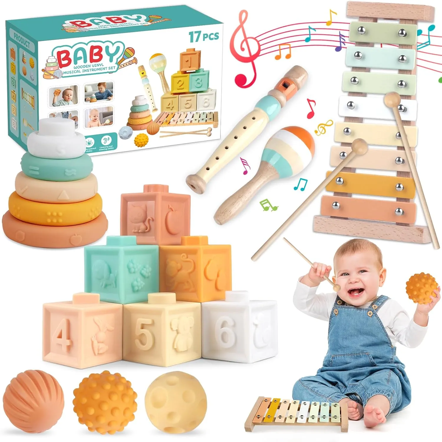 Montessori Baby Toys for 1  Year Old 6 in 1 Musical Instruments for Toddler Stacking Blocks Rings Developmental Learning Educational Toy with Wooden Xylophone Musical for 1 Year Old Boys Girls