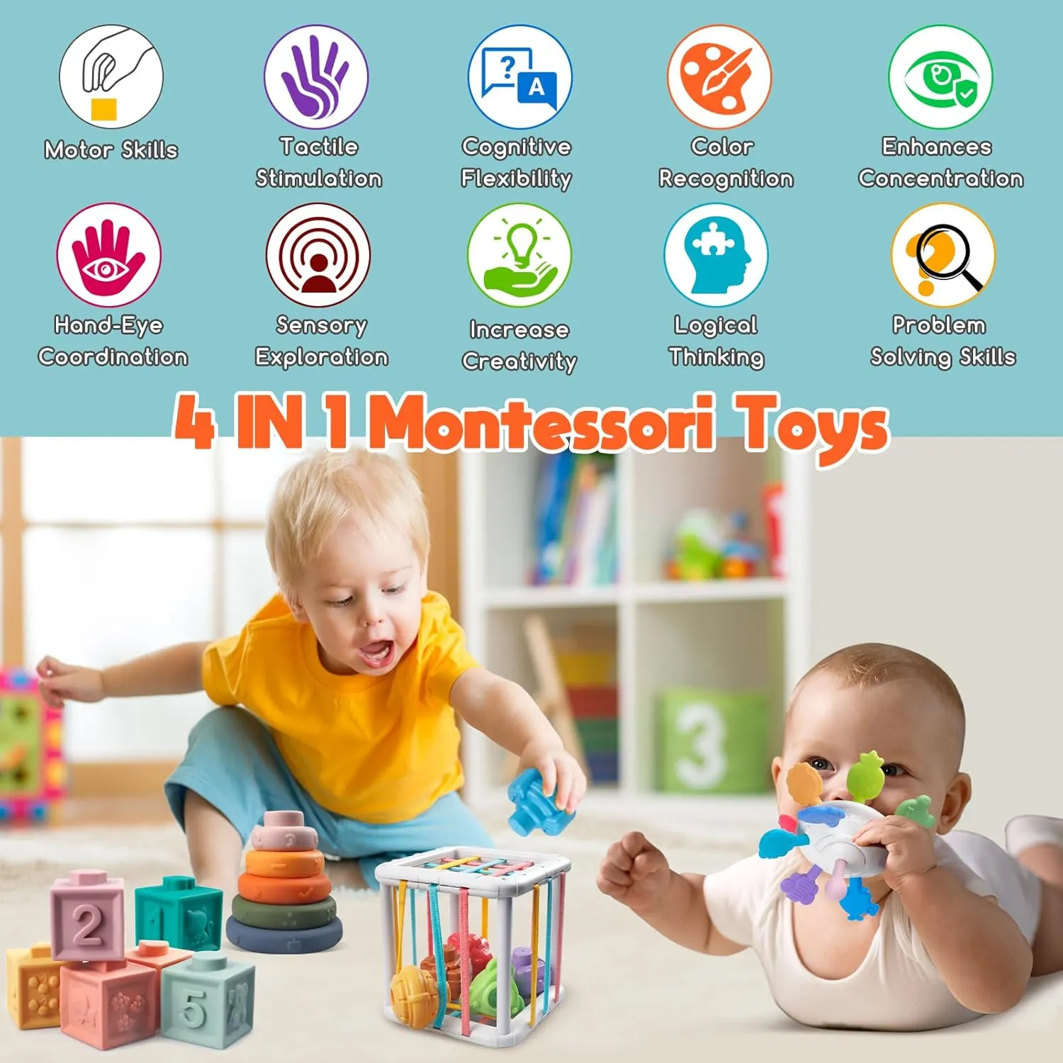 Montessori Baby Toys for Ages 6-18 Months - Pull String Teether, Stacking Blocks, Sensory Shapes Storage Bin, Infant Bath Time Fun, 4 in 1 Toddlers Toy Gifts for 1 2 3 Year Old Boys Girls