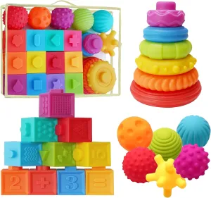 Montessori Silicone Teething Toys for Babies 6 Months   Sensory Developmental Educational Baby Toys Infants & Toddlers - Building Blocks, Stacking Rings, Sensory Balls - (24 Pieces)